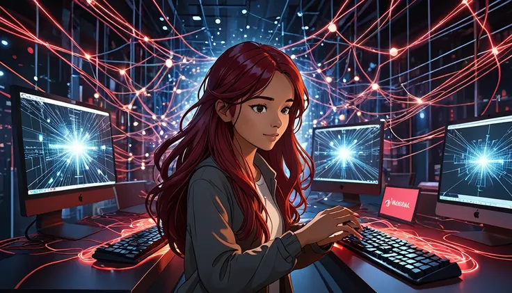 a young brown woman, with long dark red hair, inside a virtual world of networks and connections of lights with which she interacts and moves with her hands with a virtual computer keyboard in front of her.