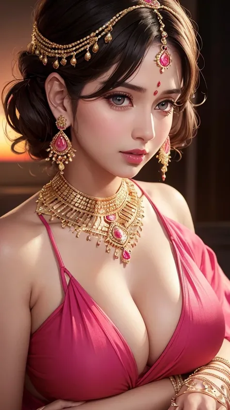 hot beautiful milf woman, big heavy jhumka earrings, pink saree, detailed face, detailed eyes, detailed lips, intricate jewelry, sensual pose, sunset lighting, vibrant colors, cinematic lighting, photorealistic, 8k, high quality, masterpiece,big breasts 