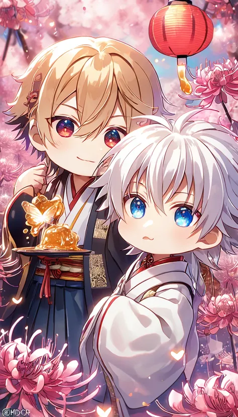 absurd resolution, high resolution, ultra detailed, detailed eyes, extremely detailed, HDR, 8K, Kazama Chikage chibi, honey blonde hair, expressive red eyes, Hakuouki, Tsurumaru Tenka chibi, white hair, expressive blue eyes, white eyelashes, two sexy boys ...