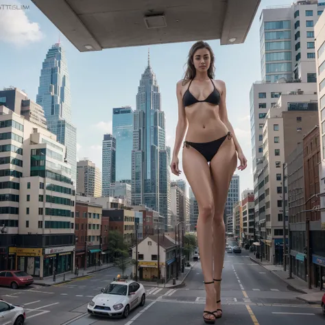  ,Full body photo，gtscity，skyscraper, Bikini，giga gigantess (Long legs:1.2), Extremely tall girl，Beautiful looks，No branding，Perfect lighting，Cinematic quality，8K, High quality, (GTS:1.5), down view, building seat, belly, people on the street large 