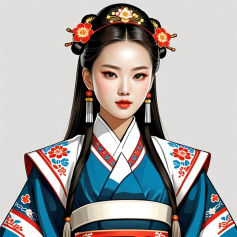 female	android	in korean folk outfit	,vector graphics, strong contours, logo design																						