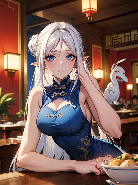 highest quality,masterpiece,8k,china long dress,big breasts,best style,droopy eyes, glowing eyes, blue eyes,white hair,hair bun,...