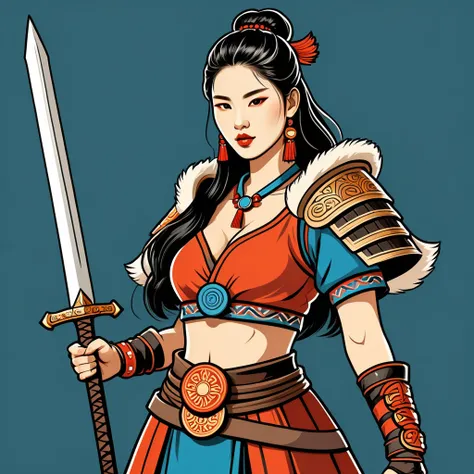 female	barbarian	in korean folk outfit	,vector graphics, strong contours, logo design																						