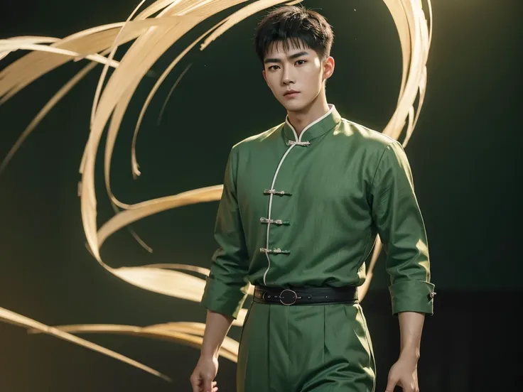 1 Handsome chinese slim guy, 20 years old, short hair，Wear green linen，realisticlying，dynamic lights，Brush cut，Thin stature，no facial hair，full shoot，（Highly detailed CG Unity 8k wallpaper），high detal，tack sharp focus，dramatic，Photoreality