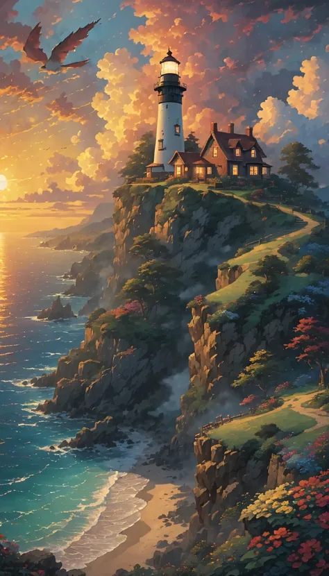 High quality, 8K Ultra HD. a painting of a solitary lighthouse shining around on a cliff, dusk with hellish and golden clouds incredible, dreamy, majestic, 4k anime wallpaper, incredible miyazaki, thomas kinkade matte 4k, art by Aries Moross, art by Bob By...