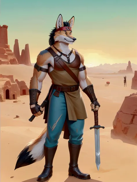 handsome young anthro furry desert coyote fox male, desert ancient times mercenary solider-assasin murderer, handsome model look...