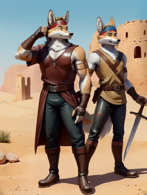 Handsome young anthro furry desert coyote fox male, desert ancient times mercenary solider-assasin murderer, handsome model look gay apperance, handsome muscules, tall, handsome muzzle, handsome shag headband, ruffled old stained tunic with very short slee...