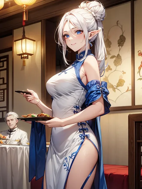 Highest quality,Masterpiece,8K,China Long Dress,Big Breasts,Best Style,Droopy eyes,A sparkling smile,white Hair,Hair Bun,Chinese restaurant,waiter,elf ears, blue eyes