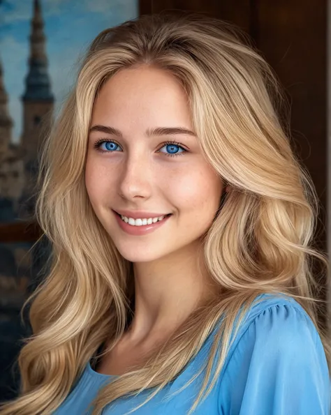 (masterpiece, 32k, realistic effects in the photo) a young woman, thin face, European reference, 19 years old, thin blue dress, deep blue eyes, blonde hair, spectacularly beautiful face, sweet expression on her face and wide smile 1.7, (staring to the came...