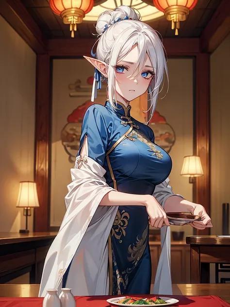 Highest quality,Masterpiece,8K,China Long Dress,Big Breasts,Best Style,Droopy eyes, glowing eyes, blue eyes,white Hair,Hair Bun,Chinese restaurant,waiter,elf ears, front facing 