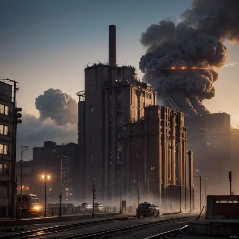 Industrial city, surrounded by a wall, steampunk, rusty and heavy, billowing smoke, Chimney, factories, gears, machinery, tall buildings, torres, steam power, steam pipes, Street lighting, nuclear power plant, reactor nuclear, pollution, fog, fires, Explos...