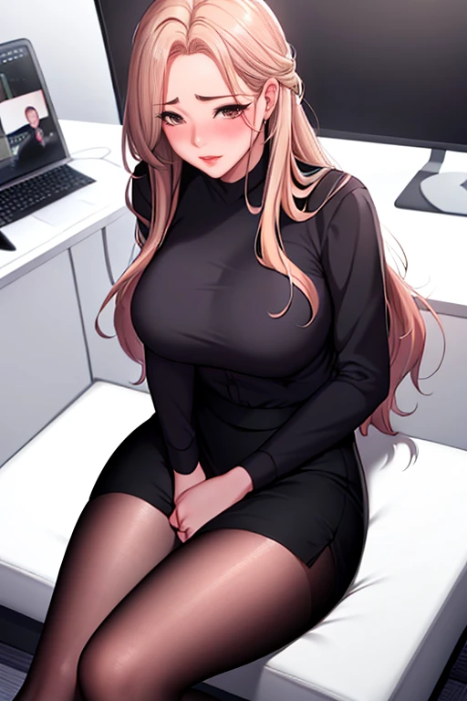 (8k, RAW Photos, highest quallity, work of art:1.2),1 girl, Woman, just,Secretary,long hair,hair blonde, tenebrosa,white  shirt,pencil skirt,black pantyhose,looking at the audience、blush, blushed face, different, sitting, In an office