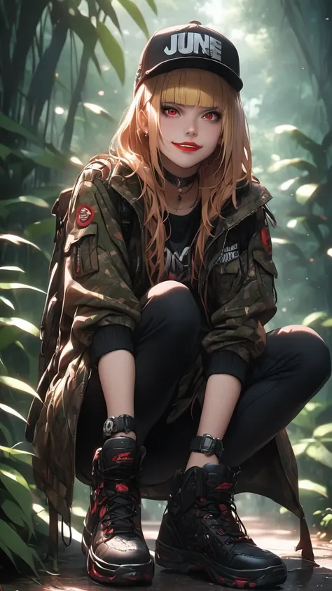 highest quality、masterpiece、1 girl、jungle background、blonde hair :1.5、red  eyes 、red lips, camouflage clothes、Black and white world、Black and white world、machete 、side blade, evil smile, blunt bangs, baseball caps, full body:1.3, better quality detailed 