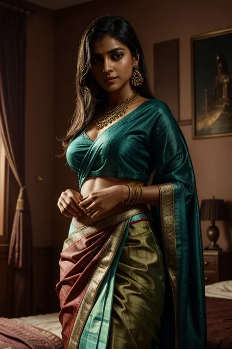 a beautiful young indian woman, wearing a colorful traditional sari dress, lifting her skirt slightly to reveal her private area, long dark hair, detailed facial features, sensual expression, intricate jewelry, warm lighting, 8k, high quality, photorealist...