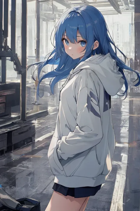 masterpiece,1girl,solo,long hair,blue hair,hoodie,off