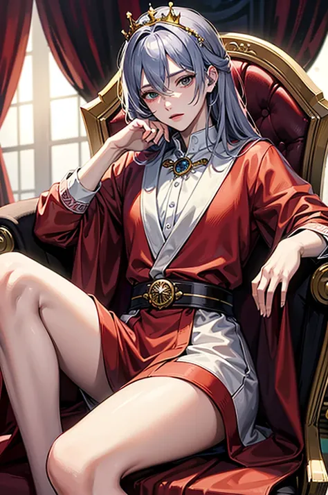 whole body,anime - style drawing of a man in the crown sitting on a red couch, On a cold throne, 2D art, 2D art, Sit on his throne., High quality fan art, beautiful androgynous prince, Sit on his throne., Sit on his throne., Wear a light gray crown., On th...