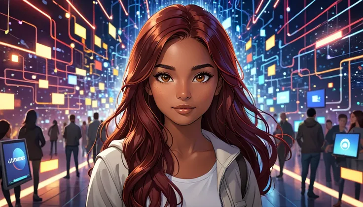 a young Latina with brunette and brown skin, with long dark red hair, brown eyes, for entering in front of her a virtual world of networks and connections of lights.