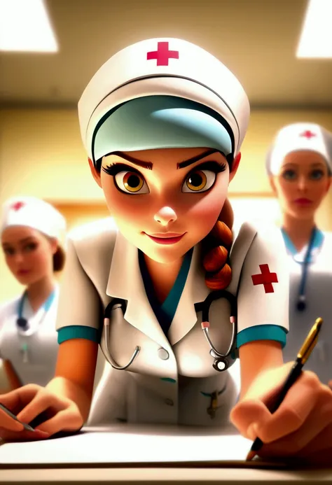 the (nurse) participates in professional training and takes notes carefully. Her eyes are full of desire and enthusiasm. The background is the training classroom, full body, award-winning, cinematic still, emotional, vignette, dynamic, vivid, (masterpiece,...