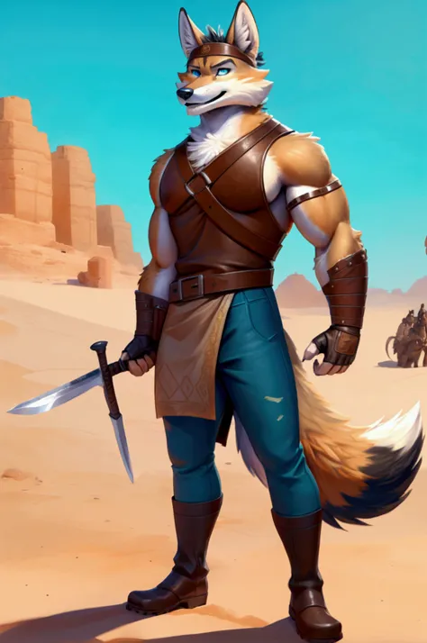 handsome young anthro furry desert coyote fox male, desert ancient times mercenary solider-assasin murderer, handsome model look...