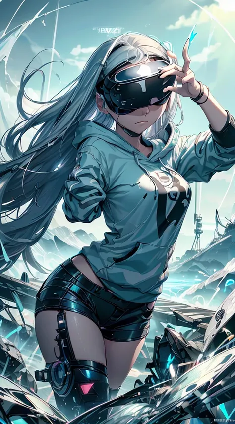 top-quality、Top image quality、​masterpiece、teens girl((Blue Hoodie、black trousers、18year old、 Ager、Best Bust、big bast,Beautiful light blue eyes, Long silver hair、A slender,Large valleys、Reflecting the whole body、Leaning forward、Attach the VR visor to your ...