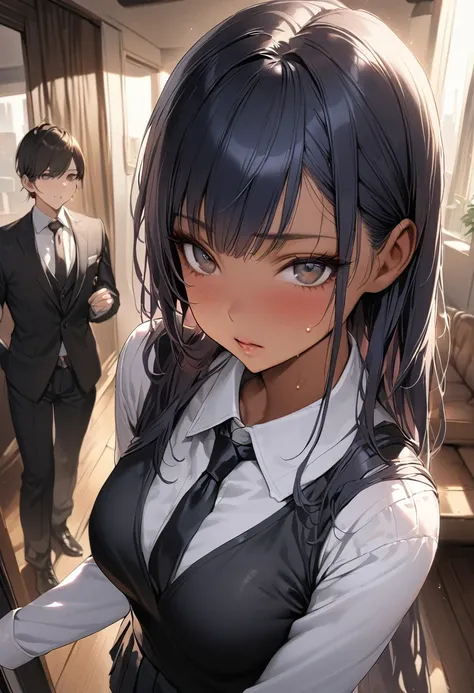 ((masterpiece,Highest quality:1.3,best quality illustration)),realistic,1woman,(20 year old beauty),((very small head:1.3)),ideal ratio body proportions,dark blue hair,straight long hair,bangs,black eyes,gorgeous big eyes,((tan skin,skinny)),(Black vest、Bl...