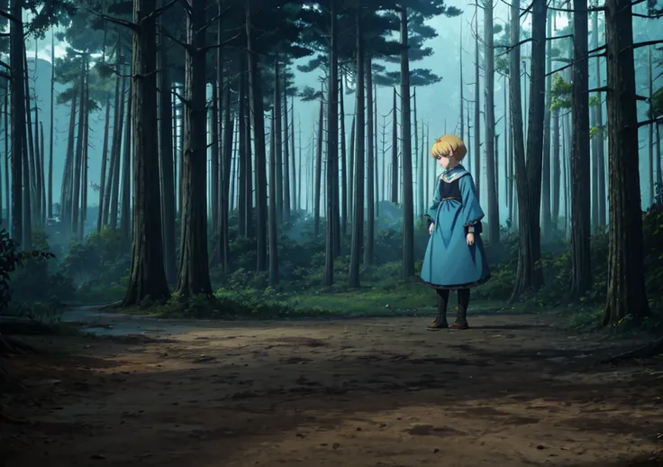 a girl with short blonde hair, with light blue dress, standing backwards, forst, Thu, 2d, dark surroundings, dried leaves, natta, haze, grays, giant muscular elk monster sitting