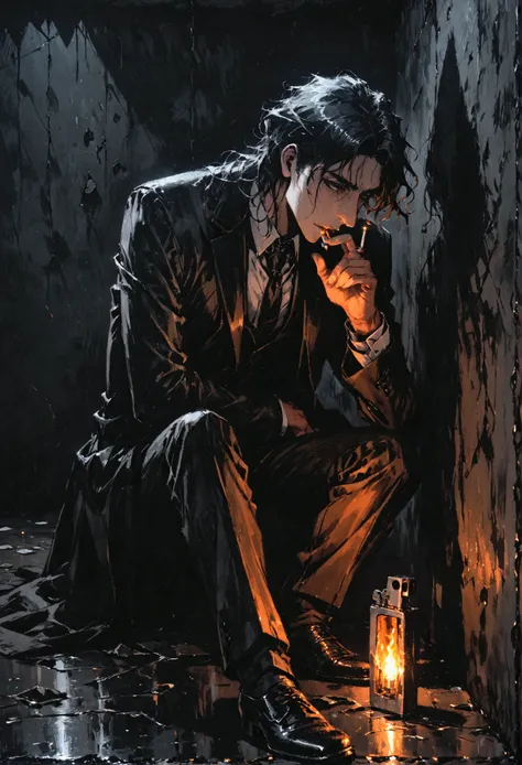 Constantine, man sitting on the floor,lighting a cigarette,lighter fire, dressed in a suit, black tie, broken glass on the floor, leaning against a wall, dark and gloomy scene