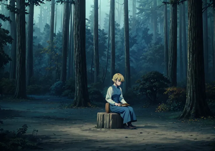 a girl with short blonde hair, in a light blue dress, from the back, forest, autumn, 2D, dark environment, dry leaves, night, fog, ash, giant muscular elk monster sitting