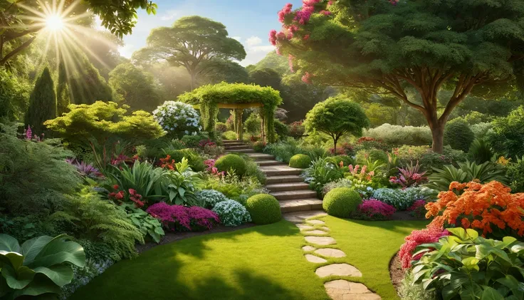 Hyperrealistic photo of a lush, flourishing garden of vibrant flora and fauna, each leaf and bloom teeming with life and vitality. The suns warm rays illuminate the scene, casting a golden glow over the verdant landscape. You can almost feel the fresh, cri...