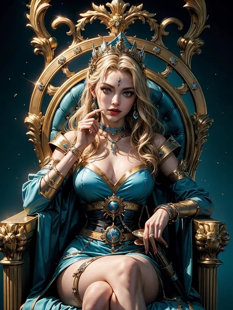 Harley Queen of cups tarot card, queen serious woman on the throne holding an antique cup, stylized in blue and gold colors, full hd, hyper realistic, the best quality