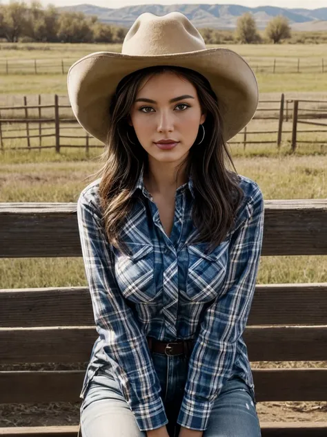 25 year old woman perfect body,medium tits,he wears a cowboy hat and a plaid shirt with a deep neckline,she is sitting on a fenc...