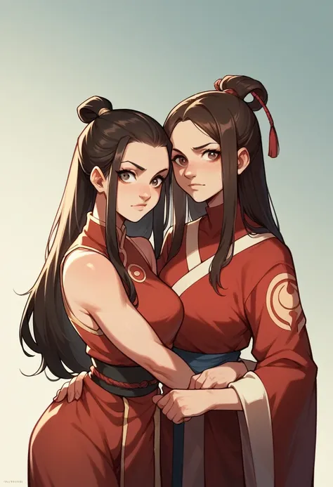 avatar picture, Girl from the Fire Nation, eyes both, red and black fire nation style clothing, dark brown hair with two light highlights in the hair, long hair