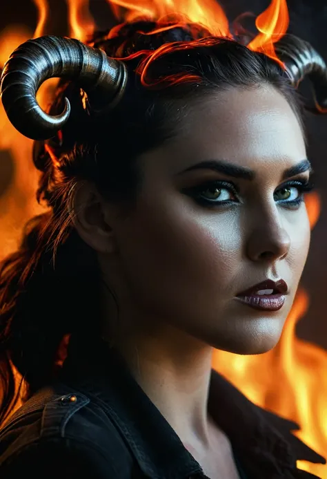 To profile, horns, movie lighting effects, apocalypse, fire, smoke, Beautiful face