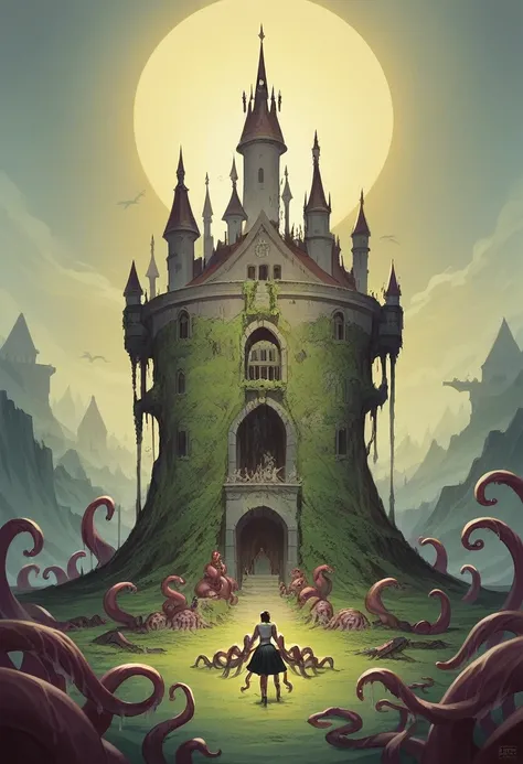 tall, stately knight with curly black hair in a corset, Middle Ages, Castle in the background, ((masterpiece)), ((Best quality)), (ultra detailed),(monster),(((many slippery tentacles wrap around the body and climb under the skirt)),Erotica