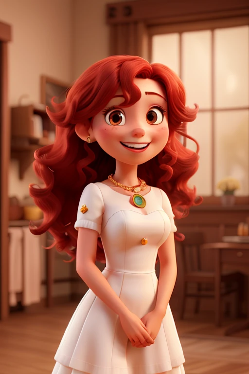 3D female character with long red hair and full of curls, eyes browns, big happy smile, on her neck she has a golden necklace with a pearl, wearing a simple all-white dress, in his left hand a bouquet of flowers...