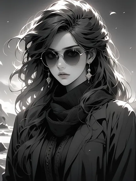 woman in black jacket wearing sunglasses and a scarf blowing wind around face, greyscale, solo, monochrome, jewelry, sunglasses, earrings, long hair, 1girl