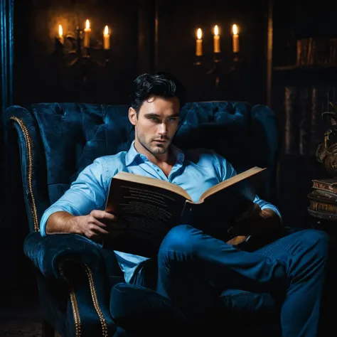 a handsome man, with black hair, with blue eyes, reads a big book, on an armchair, darkness, dark, mysterious