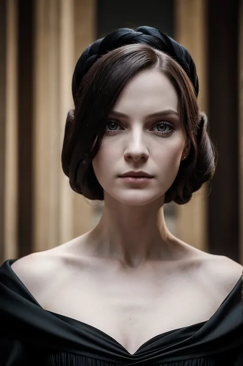 a portrait of a XVII century british lady. 30 years old, black dress. Average british face. Evil. Antagonist. Dark and shady. Evil look. White pale skin. Hyper-realism. Photorealism. cinematic. --stylize 750.0