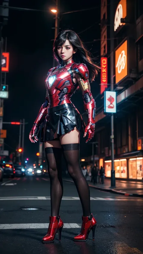 Beautiful Iron Man，Full body portrait，Wear a short skirt，Black pantyhose，Wearing high heels，Cyberpunk，Night，Hyperrealism，Neon Street，Ray Tracing，masterpiece，Light and Shadow，Fine drawing