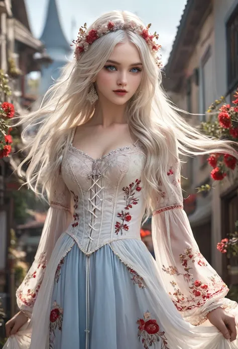 ((Extremely detailed CG unified 8k wallpaper)), masterpiece, Super detailed, floating, High resolution, Sexual innuendo, (small, Ridiculously long white hair, Princess, blue eyes, (Gorgeous long white and red sheer tiered maxi dress，Long separate wide slee...