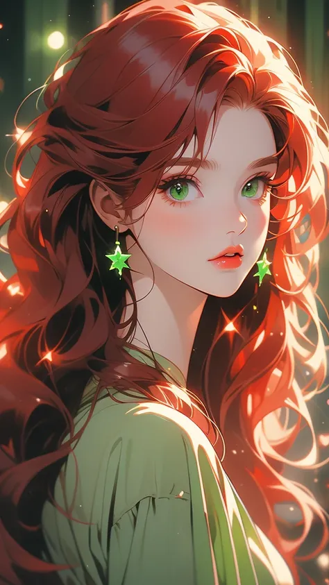 an illustration of a red haired woman with sparkling lights on her face, 1girl, solo, long hair, red hair, red lips, looking at viewer, lips, green eyes