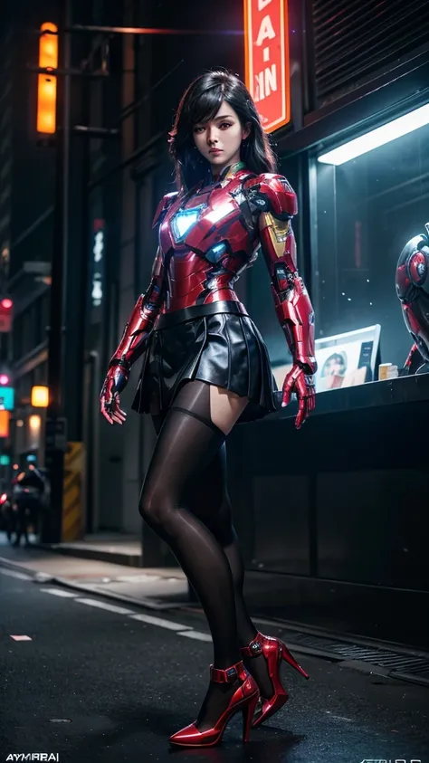 Beautiful Iron Man，Full body portrait，Wear a short skirt，Black pantyhose，Wearing high heels，Cyberpunk，Night，Hyperrealism，Neon Street，Ray Tracing，masterpiece，Light and Shadow，Fine drawing