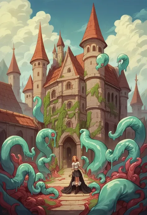 tall stately woman with curly hair in a corset and skirt, Middle Ages, Castle in the background, ((masterpiece)), ((Best quality)), (ultra detailed),(monster),(((many slippery tentacles wrap around the body and climb under the skirt)), slime