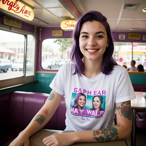 street photography photo of a young woman with purple hair, smile, happy, cute t-shirt, tattoos on her arms, sitting in a 50s diner