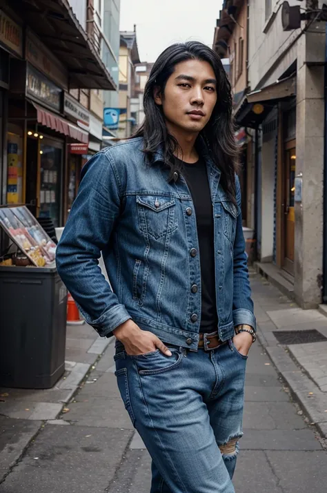 asian handsome man, with curly black long hair, use blue jeans jacket, ripped jeans, boot, large town as backgrounds