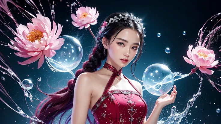 32K（tmasterpiece，k hd，hyper HD，32K）Black-braid fairy，Flowing bubbles，ponds，zydink， a color（Black braided student）， （Colorful bubbles）， Combat posture， looking at the ground， Large rolls of rouge bubbles，Black braids，Silk platinum crystal tiara， Chinese lon...