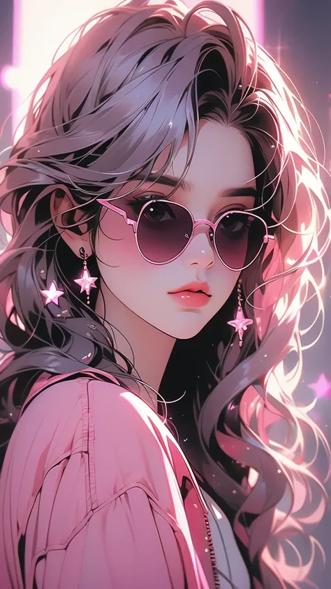 a woman wearing a pink jacket is surrounded by lights and sunglasses with the words peace on them, 1girl, solo, jewelry, long hair, sunglasses