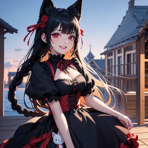 A short girl with large breasts and narrow eyes, smiling and showing her teeth.、Black braided hairstyle、Wear lots of decorative accessories、Red Eyes、Animal Ears、sunset、Elegant blue Gothic Lolita outfit、Key visual from the waist up