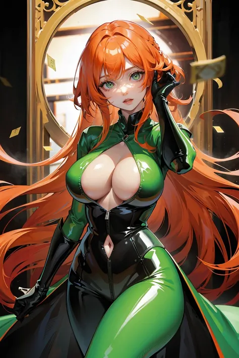 long orange hair, green eyes, holding money, latex, ssmirk, large cleavage, pale skin