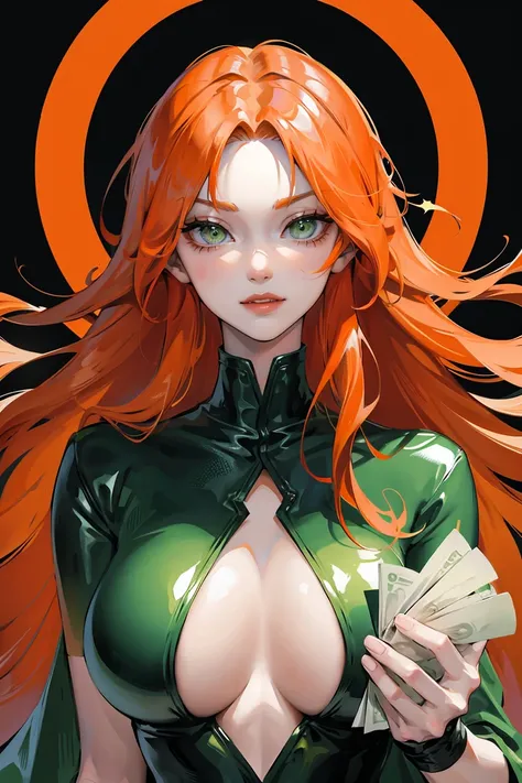 long orange hair, green eyes, holding money, latex, smirk, large cleavage, pale skin